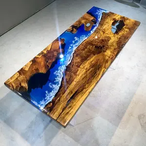 Vivid Dark Blue Epoxy Resin Wood Coffee Table Natural Solid Golden Camphor Wood Gold Blue Resin Table