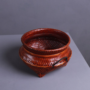 <b>Bamboo</b> Woven Storage Basket Round Tung Oil Lacquer Kitchen Food <b>Container</b> Neatening Storage - Product Image 2