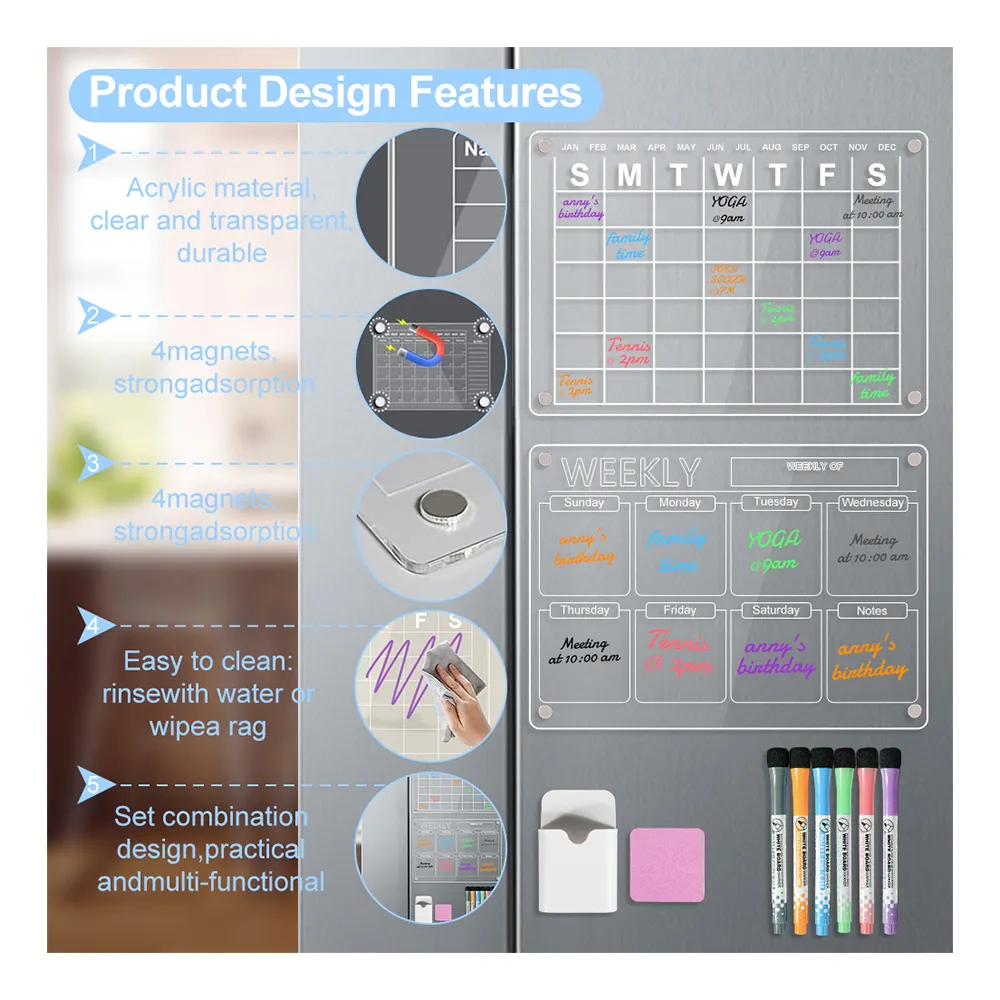 Beste Kwaliteit Op Maat Groothandel Maandelijkse Wekelijkse Dagelijkse Planner Kalender Koelkast Helder Acryl Koelkast Magnetisch Droog Wisbord