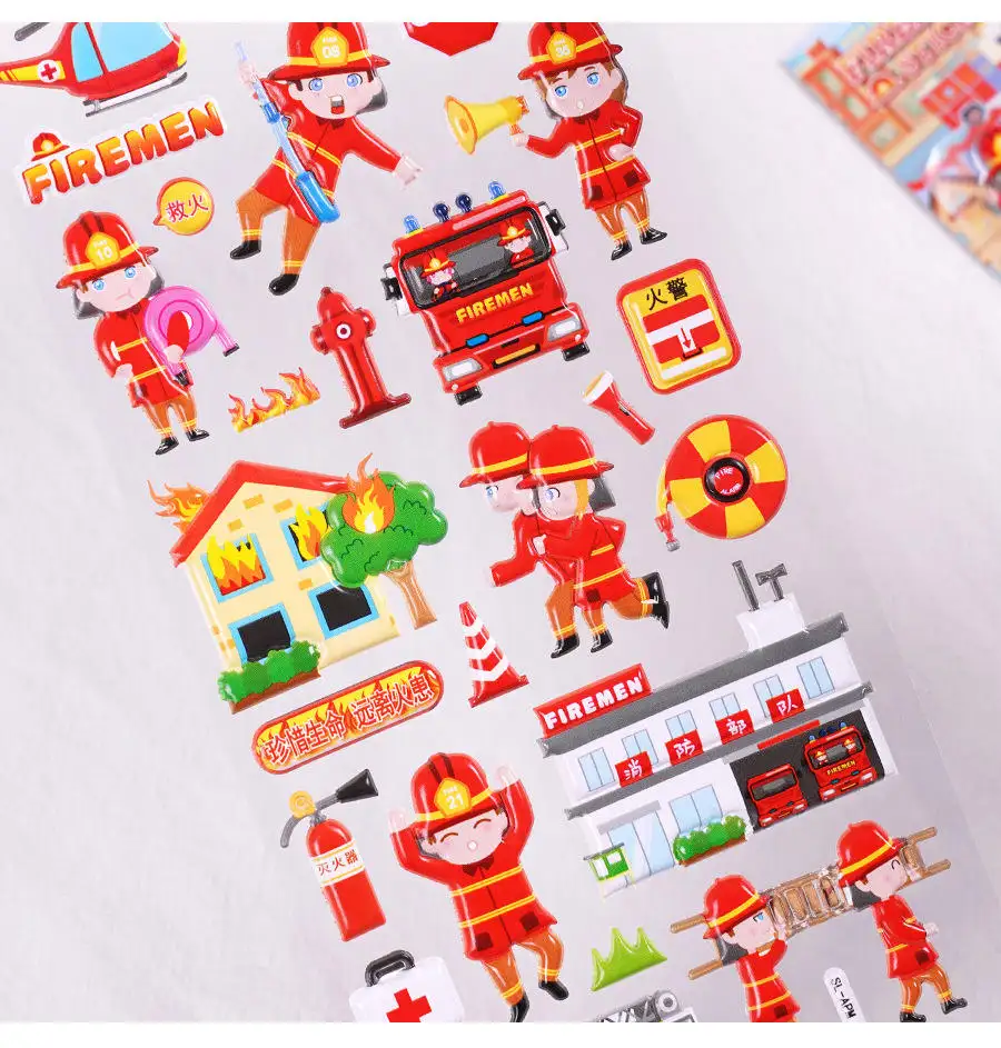 Nicro Custom Decor Kids Stationery Toy Sticker Set Wholesale Colorful Cartoon 3D Sticker Fireman Firefighter Puffy Sticker