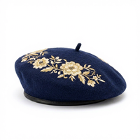 Béret en feutre de laine avec broderie florale dorée métallisée, style français vintage, mode féminine, faible MOQ, prix d'usine