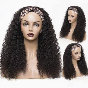 100% gerçek insan saçı kızlar kısa saç Afro kadın kafa bandı bakire saç peruk Afro Kinky kıvırcık yarım peruk kafa bandı ile