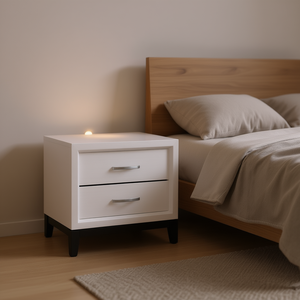 Table de chevet moderne en bois blanc avec 2 tiroirs, meuble de chambre écologique, unité de rangement pour la maison - Product Image 2