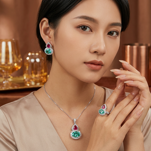 ชุดเครื่องประดับทองแดงกันน้ำสุดหรู 9 ชิ้น ขนาด 12*16 มม.-10*12 มม. ประดับด้วยคอรันดัมสองสี รูปทรงน้ำเต้า ชุด 3 ชิ้น สำหรับผู้หญิง - Product Image 4