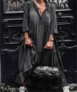 Nuovo Vestito Casual da Donna a Mezza Manica con Scollo a V, Ampio e Morbido, Tinta Unita, Lunghezza Media - Product Image 4