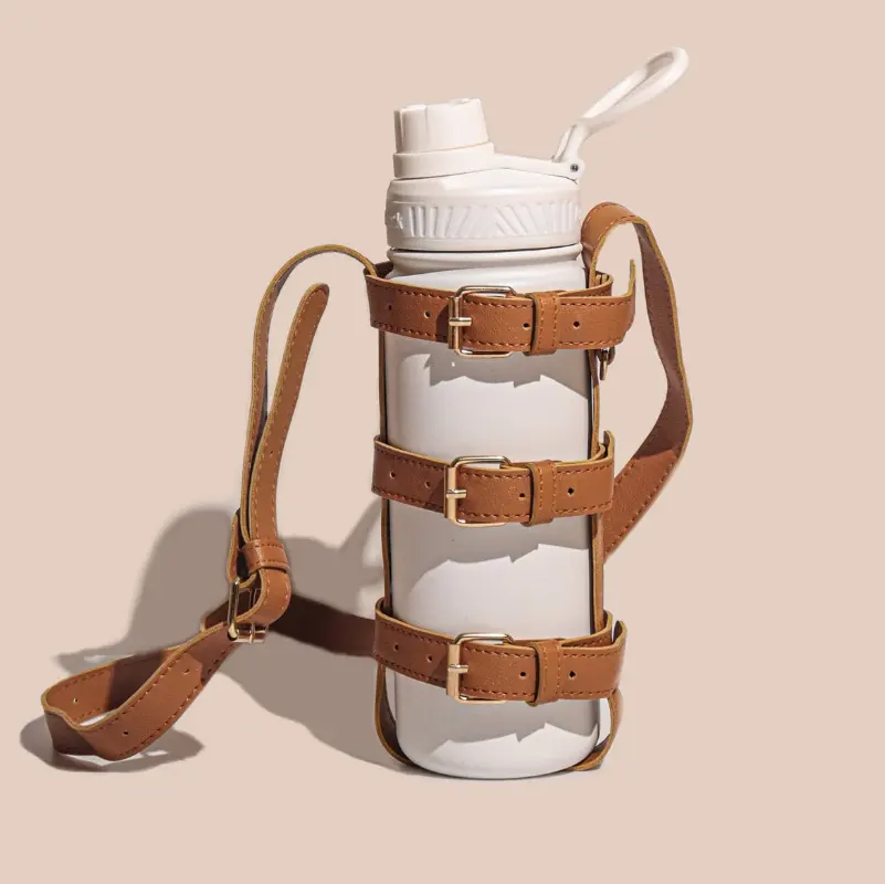 Adjustable Synthetic Leather Bottle Carrier Portable Travel Water Bottle Holder Bag with Crossbody Strap