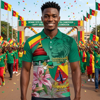 Polo pour homme Jour National du Cameroun, Motif Monument de la Réunification du Cameroun, Fleurs de lys, 66e Jour de l'Indépendance du Cameroun