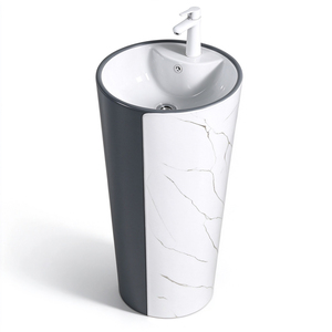 Lavabo cilindrico freestanding <span class=keywords><strong>con</strong></span> accenti in marmo bianco e lavabo a <span class=keywords><strong>colonna</strong></span> in ceramica grigio opaco per <span class=keywords><strong>bagno</strong></span> o toilette - Product Image 2