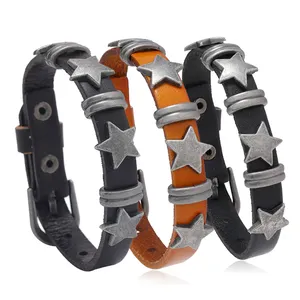 Bijoux professionnels personnalisés en gros tendance punk bracelet étoile à cinq branches en cuir de vachette pour hommes bracelet de personnalité