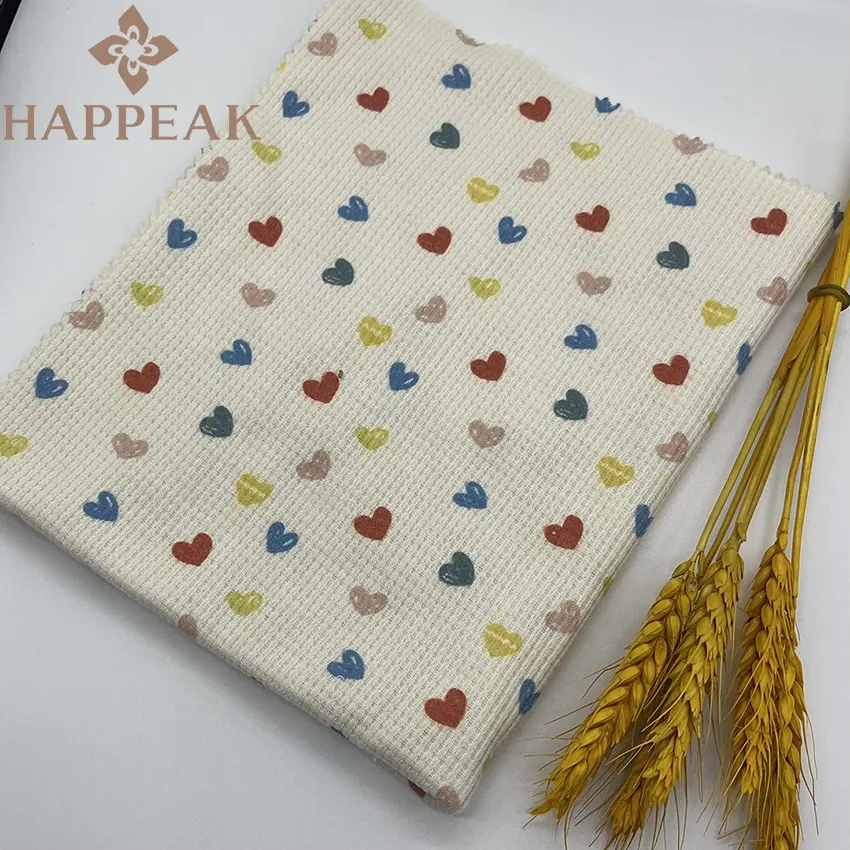 HAPPEAK No MOQ Spandex Waffle Knit Fabric Heart Printed Cute Bear Poly Cotton Knitted Fabric