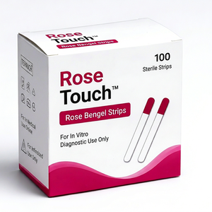 Tiras de tinción para pruebas oftalmológicas de gran venta: Tiras estériles de fluorotio-butano (TBUT) de 100 unidades en colores rosa y verde para uso exclusivo en diagnóstico in vitro. - Product Image 1