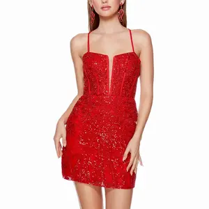 SD031 muestra rápida vestido de graduación personalizado diseñador mini vestido rojo de lujo bajo cuello en V tiras espalda brillante lentejuelas mujeres vestido de fiesta