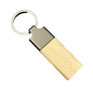 Custom Logo Business Gift Rectangular Beech Wood Wooden Metal Keychain Key Chain - Product Image 1