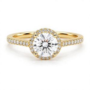 Anillo de Compromiso de Lujo al por Mayor con Halo de Diamantes Cultivados en Laboratorio en Oro Amarillo, Anillo Nupcial con Diamantes Redondos Pavé, Chapado en Rodio para Mujer - Product Image 1