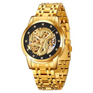 Relief gold <b>dragon</b> transparent mechanical watch with diamond-studded steel strap, water-resistant, for business men's wrists - Product Image 2
