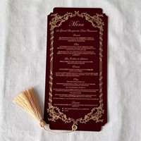 Carte de menu de mariage personnalisée en tissu velours vintage, carte de remerciement de mariage découpée sur mesure avec pompon pour la décoration de table de mariage