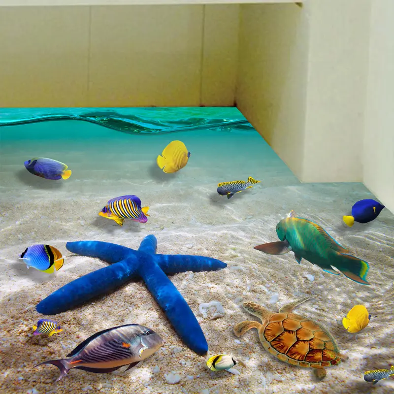 Kertas dinding 3D cocok untuk kamar anak-anak, stiker lantai bintang laut tiga dimensi 3D terlaris 2023