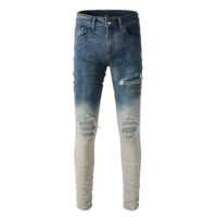 Vente en gros Pantalon denim bleu dégradé Pantalon hip hop bicolore en détresse Stack de créateur Slim Fit Patchwork Jeans Pantalons pour hommes