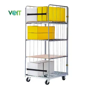 Warehouse Steel Wire Mesh Parcel Transport Cage Trolley With Shelves