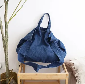 Korean Fashion Plain Denim Tote Hand Bag Single Strap Casual Ladies Large Linen Tote Shoulder Bag