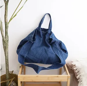 Koreaanse Mode Vlakte Denim Tote Handtas Enkele Riem Casual Dames Grote Linnen Tote Schoudertas