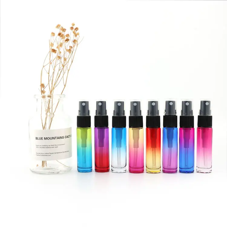 Mini atomizador de vidro colorido de 10ml, frascos de vidro coloridos para perfume, atomizador e testador com tampa de vidro dourada ou prateada alu