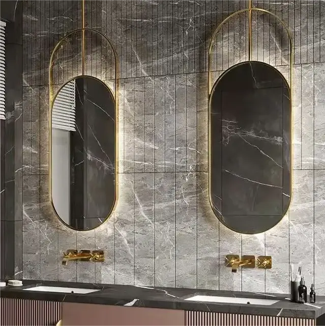 Luxus moderne große dekorative antike Messing Badezimmer Edelstahl golden gerahmte LED Wand beleuchtung lange Spiegel mit Rahmen