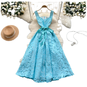 French Style Vintage Woven Sweet Tassel Maxi Dress <b>Women</b> Summer Hollow Out <b>Tie</b>-Waist Bohemian Beachwear Solid - Product Image 1