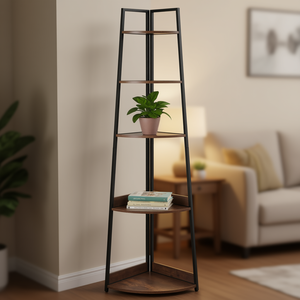 Estantería alta de esquina de 5 niveles, de madera y hierro, moderna, para almacenamiento en el hogar. - Product Image 2