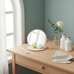 Ivory Cover Vanity <b>Mirror</b> with Stand Round Shape - Product Image 3