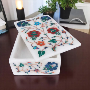 Rectangle en marbre blanc poli 4 "boîte à bijoux d'imitation antique faite à la main pierre de travail d'incrustation multicolore - Product Image 5