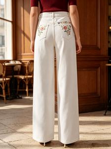 Jeans da <span class=keywords><strong>Donna</strong></span> Bianco Crema a Vita Alta e Gamba Larga, con Ricami Floreali Multicolore Fatti a Mano, Stile Vintage Casual - Product Image 3