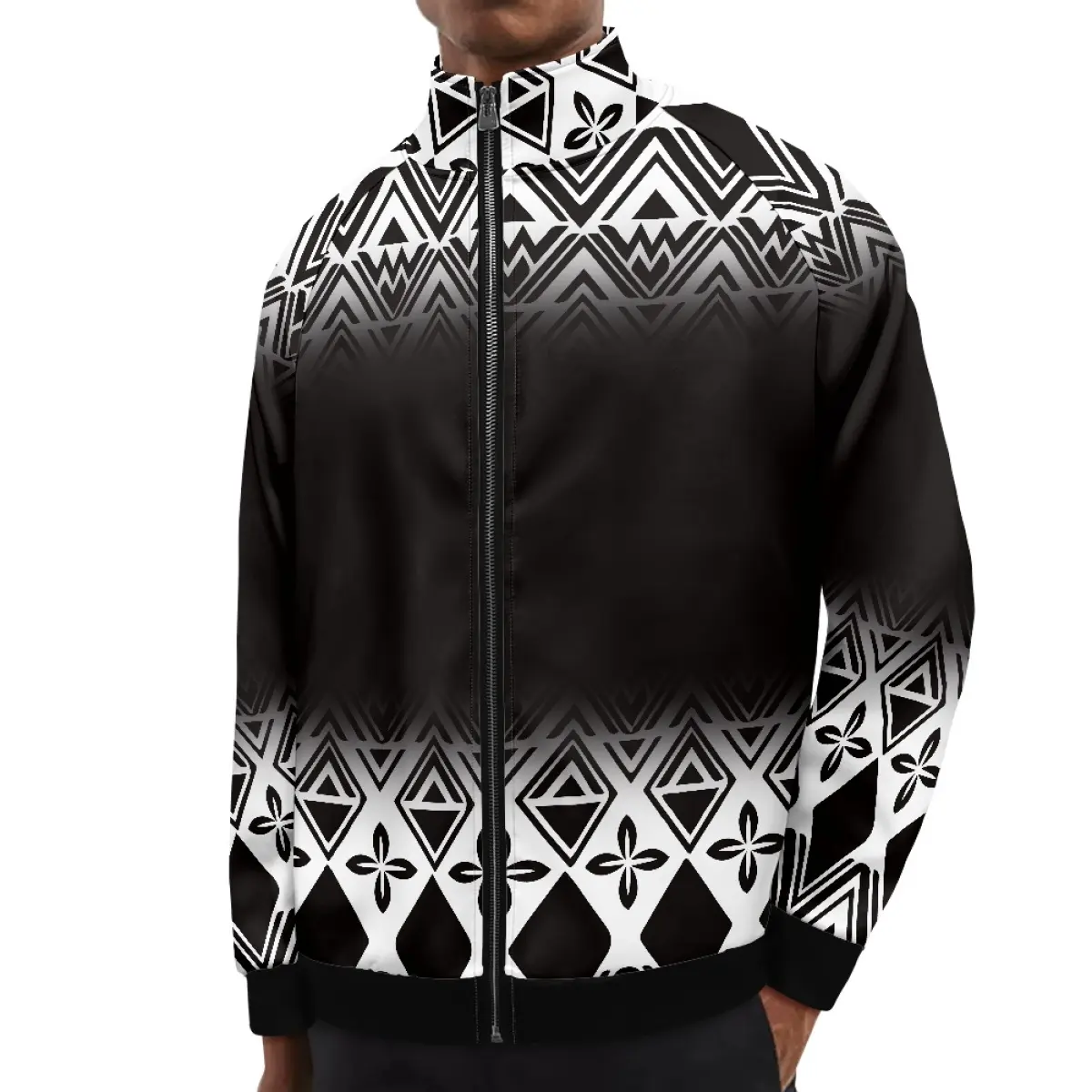 Livraison directe 1MOQ noir polynésien Elei Tribal Design personnalisé garder au chaud à manches longues Zip UP surdimensionné décontracté homme veste pour hommes