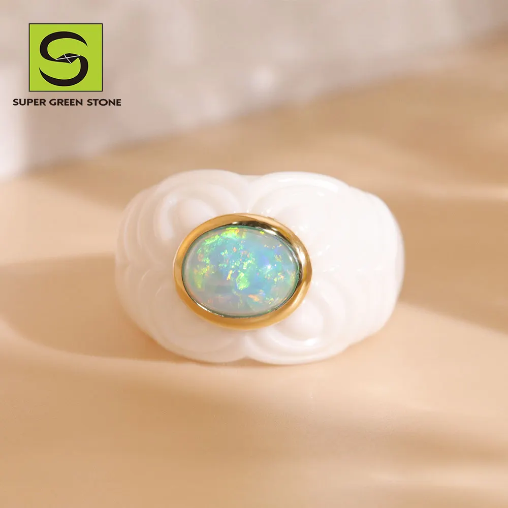 Tùy Chỉnh Phụ Nữ Vàng Nhẫn 18K Đồ Trang Sức Lửa Opal Engagement Đá Quý Nhẫn Đồ Trang Sức Đá Đá Opal Nhẫn