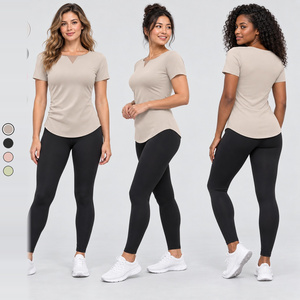 Vente en gros de hauts de yoga pour femmes à manches courtes et col en V, couleur kaki, LUXD107, pour le yoga, la gym, la course à pied, l'entraînement, vêtements de sport, fournisseur OEM ODM - Product Image 1
