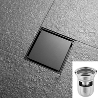 Siphon de sol carré en acier inoxydable SUS304 de 4 pouces avec grille invisible à insert de carrelage, finition brossée, pour salle de bain