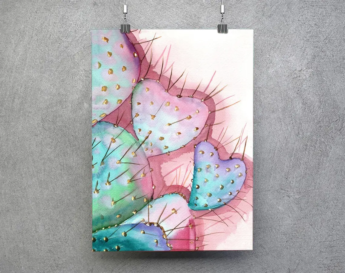 ピンクのサボテンアートプリント多肉植物水彩プリント植物絵画サボテン壁の装飾アリゾナファインアートリアルなアートワーク