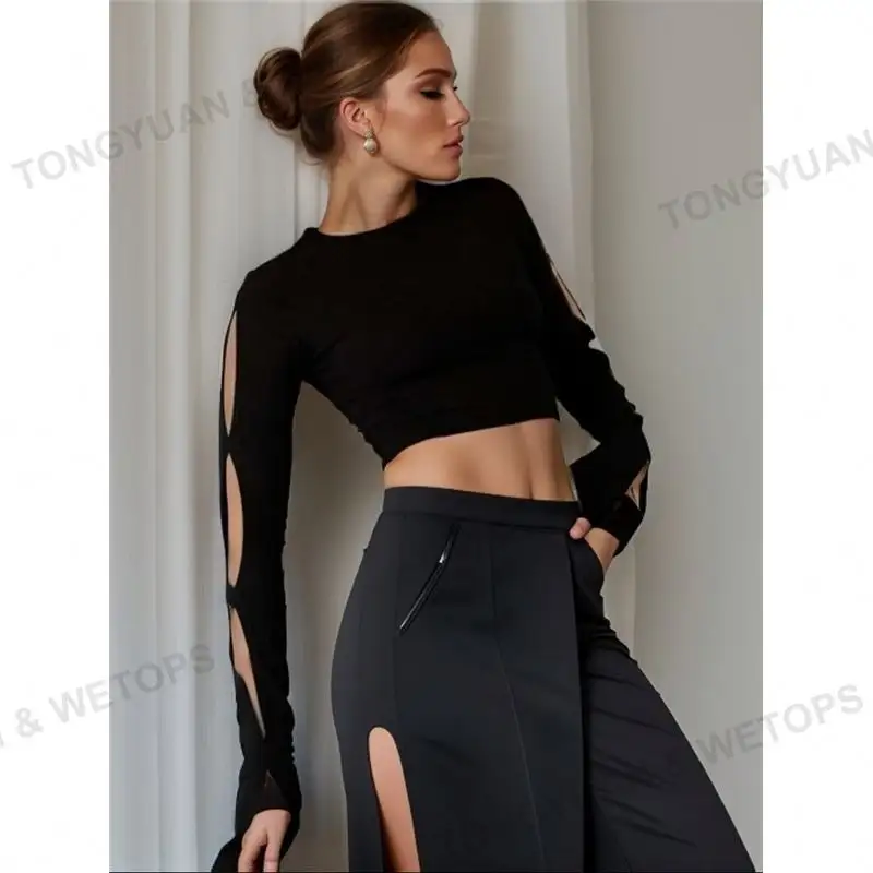 Op Maat Gemaakte Kleding Sexy Kleding Dunne Effen Kleur Met Lange Mouwen, Eenvoudige Elastische Afslankende Navel-Blootgestelde Hete Meid Crop Top