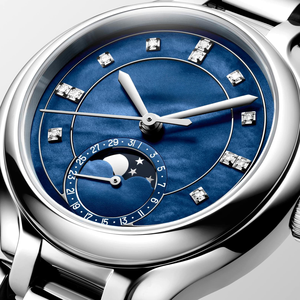 Montre mécanique automatique à phases de lune pour femmes avec index en cristal et bracelet en acier inoxydable Longinesing - Product Image 4