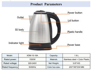 220V-240V <b>Kettle</b> 1.2L 1500W Stainless Steel Cordless Household Outdoor Hotel Use Automatic Shut-off Boil-Dry - Product Image 2