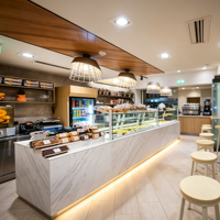 Comptoir de présentation de pain commercial haut de gamme sur mesure avec éclairage LED, design écologique, style marbre, vitrine de boulangerie pour les magasins de détail