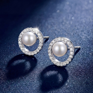 Pendientes de Plata S925 con Círculo Abierto, Halo de Circonitas y Perla, Joyería Geométrica Redonda con Diamantes y Perlas, Regalo Elegante para Mujeres y Niñas - Product Image 5