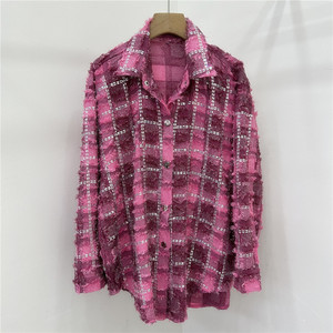 Camisa a cuadros para mujer, resistente, con adornos de diamantes de imitación y dobladillo deshilachado, a la moda - Product Image 2