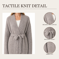 Cardigan long en maille brossée douce personnalisé avec ceinture pour femme, chaud et épais, à manches longues côtelées, style kimono décontracté pour l'hiver