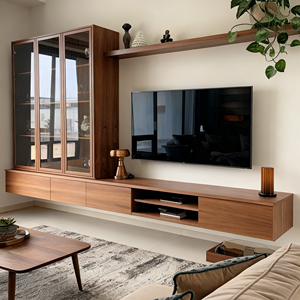 Soporte de TV de Madera Maciza Estilo Tronco Personalizado BALOM con Gabinete de Almacenamiento Bajo Encimera y Estante de Exhibición Abierto, Soporte para TV - Product Image 1