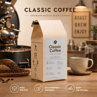 Sacs à café personnalisés biodégradables de qualité alimentaire à fond plat, en kraft noir mat, avec valve et fermeture à lien métallique, impression numérique et héliogravure, petit format