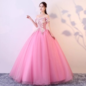 Off The Shoulder Pink Tulle Ball Gown Empire Waist Floral Print Evening Dress For Banquet Performance Art Exam - Product Image 1