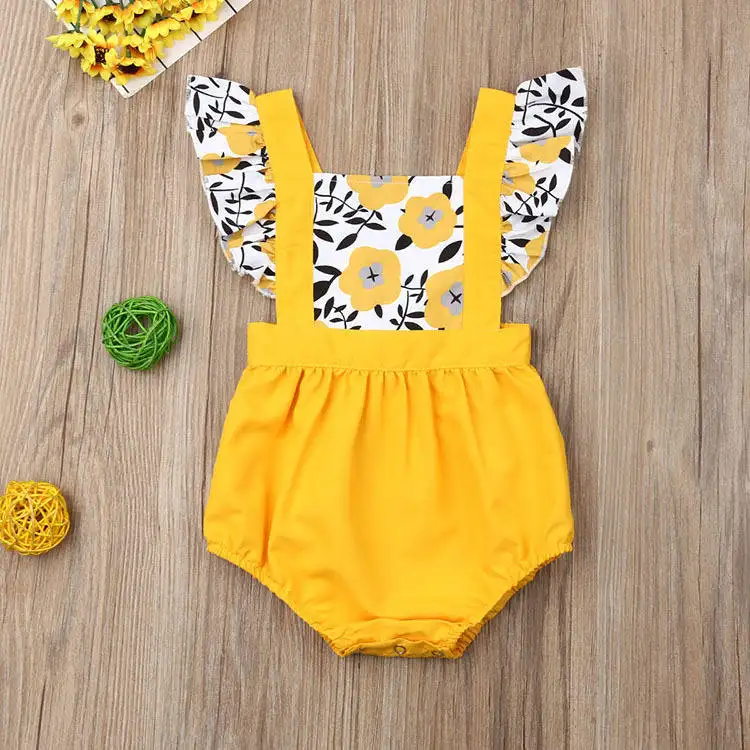 Factory Supply High Quality Square Collar Yellow Floral Baby Girls' Ruffle Rompers Baby Girl Romper Baby Clothes Newborn