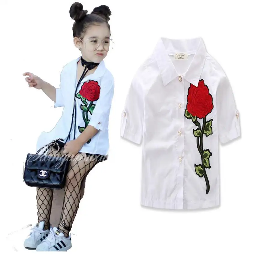 Summer baby girls rose flower long sleeve shirts fashion children's clothes kid outwear spring summer girls white casual blouse
