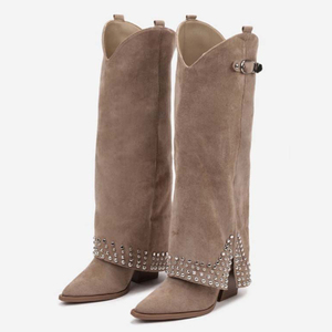 Women Metal Studs <b>Knee</b> <b>High</b> Boots Cowboy Overlay Long Booties Ladies Western Style Chunky Wedge Heels Suede Pants Shoes - Product Image 4